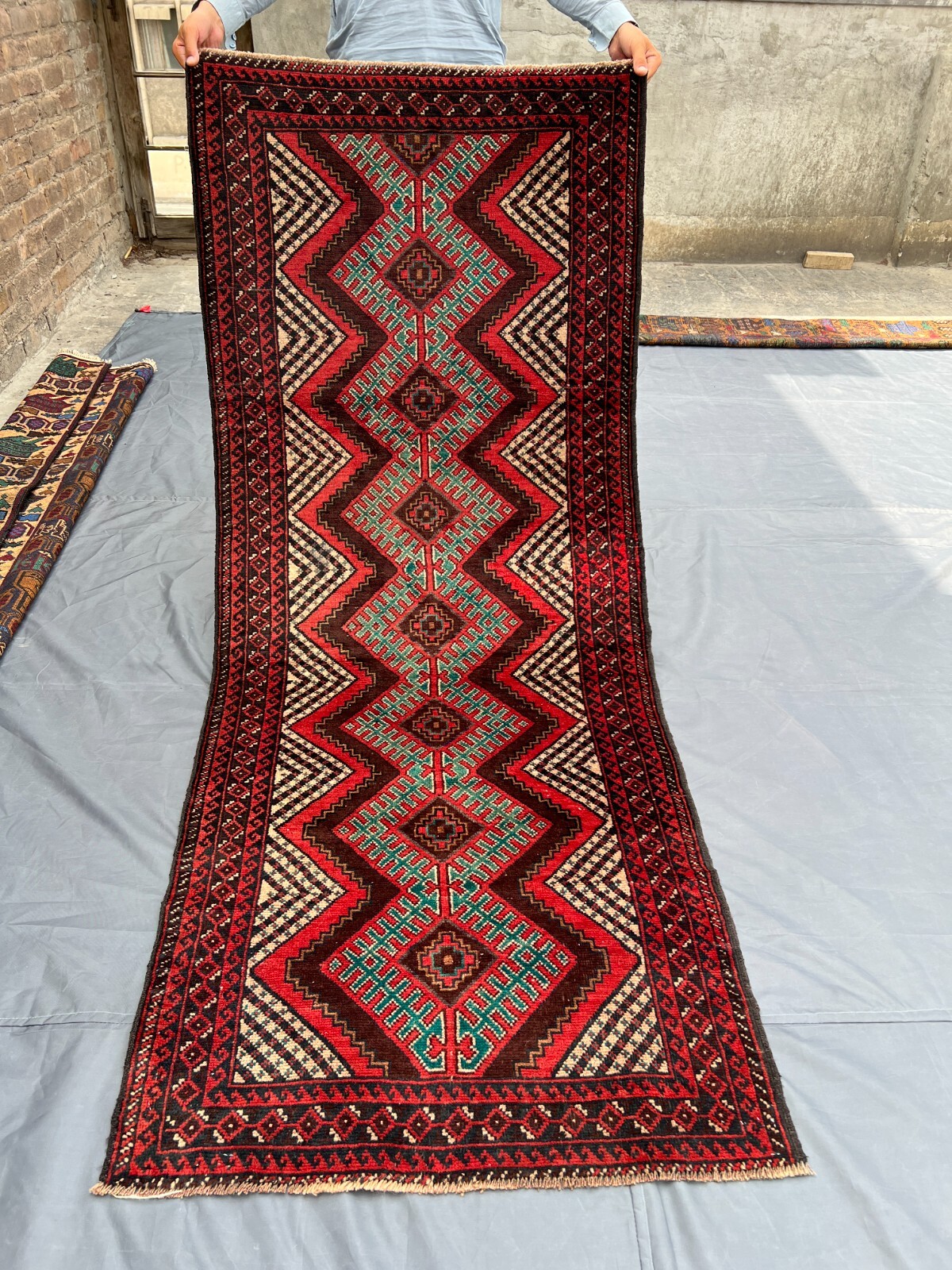 Afghan Baluchi Rug 2'9x6'9 ft- Handmade Wool Red Green Maldari Tribal Runner Rug gallery