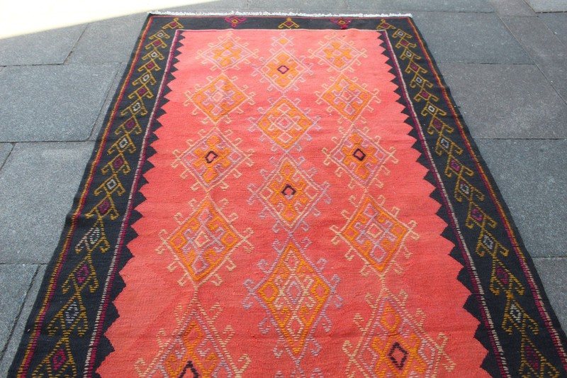 Vintage Traditional Hand Made Oriental Wool Black Orange Long Kilim 386x148cm gallery