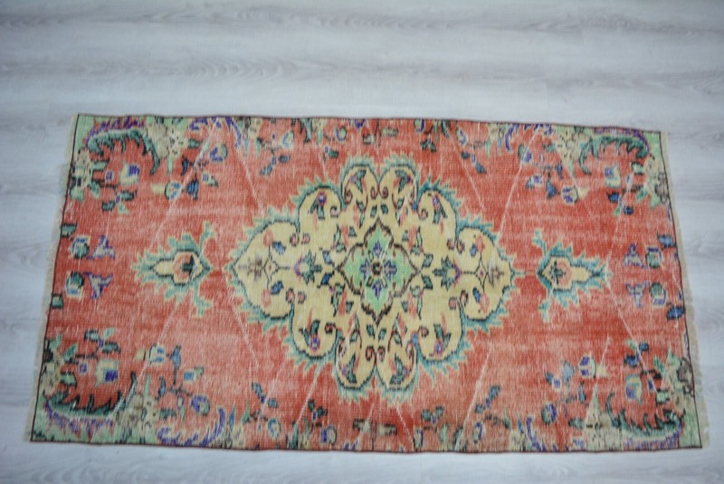 Red Turkish Vintage Rug, 3x5.7ft, Antique Red Faded Medallion Handmade Rug, gallery
