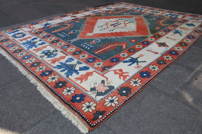 Vintage Traditional Hand Made Turkish Oushak Oriental Wool Green Carpet 345x253 gallery