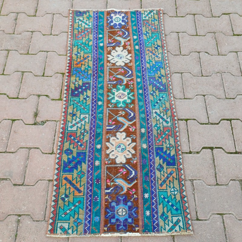 Turquoise Brown 1x4 ft Vintage Turkish Wool Accent Rug For Entryway- Tariff Free gallery