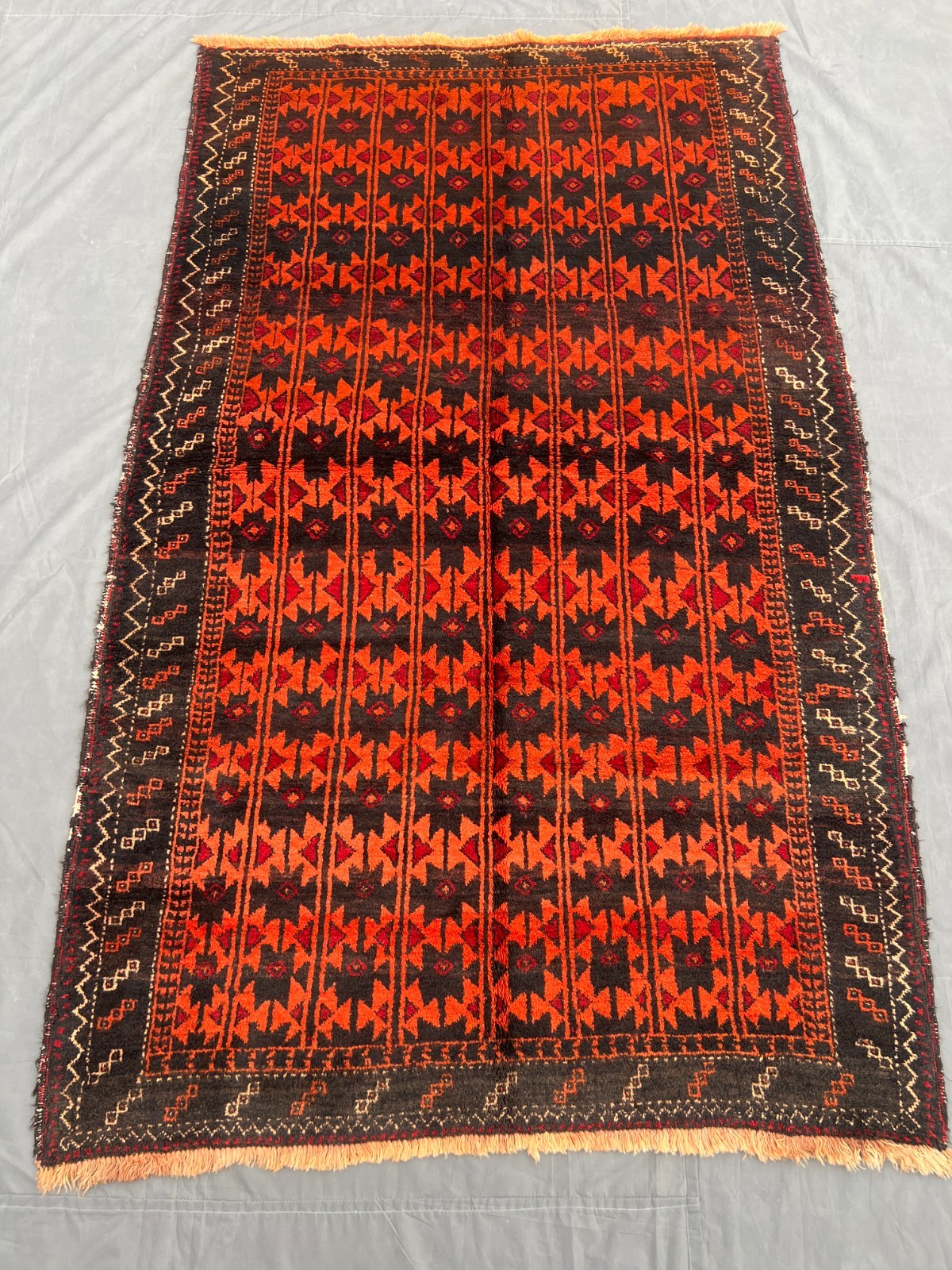 Vintage Tribal Rug 4'5x7'2 Orange Black Hand Knotted Geometric Boho Decor Carpet gallery
