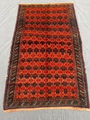 Vintage Tribal Rug 4’5×7’2 Orange Black Hand Knotted Geometric Boho Decor Carpet