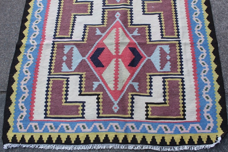 Vintage Traditional Hand Made Oriental Wool Brown White Small Kilim 197x100cm gallery