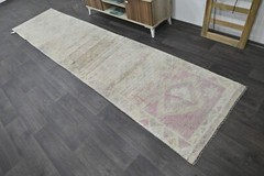 Vintage Turkish Runner Rug 3x12ft WHITE Handmade Anatolian Oushak Hallway Wool