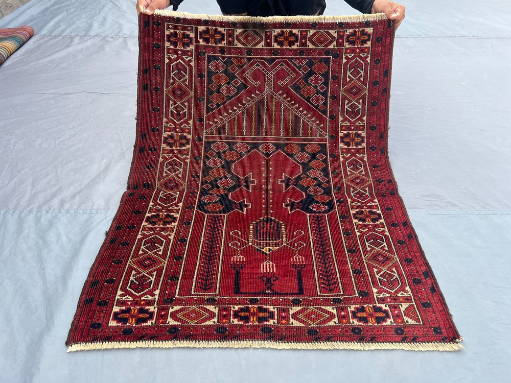 2'9 x 3'6 ft Antique Turkmen Hand Knotted Prayer Rug Vintage Tribal Wool Mat Rug