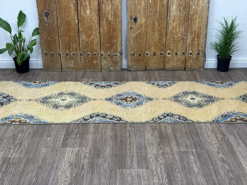 3x10 Hand-Knotted Beige Blue Green Vintage Turkish Oushak Hallway Runner Rug gallery