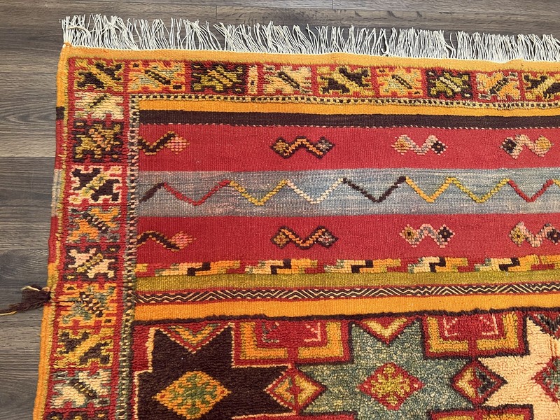 Unique Moroccan Rug 7x10 Room Sized Kilim with Raised Pile Red Orange Gray Boho gallery