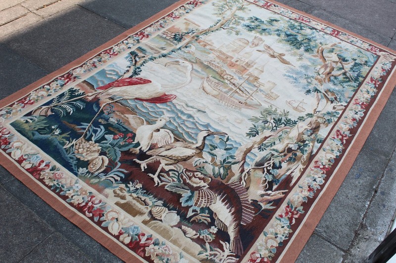 Vintage Hand Made French Design Original Wool Brown Aubusson Tapestry 220x150cm gallery