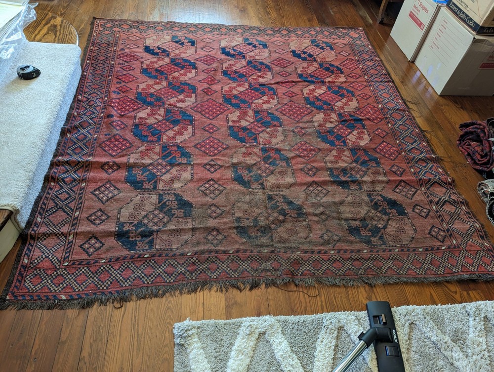 Antique (C. 1900) Afghan Turkmen Rig, 6'10" X 7', In Storage 60+ Years