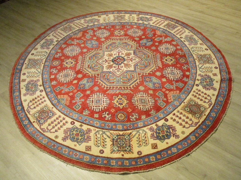 8' ROUND Afghan-Refugee Tribal Vegetable-Dye HANDMADE-KNOTTED WOOL RUG 586020