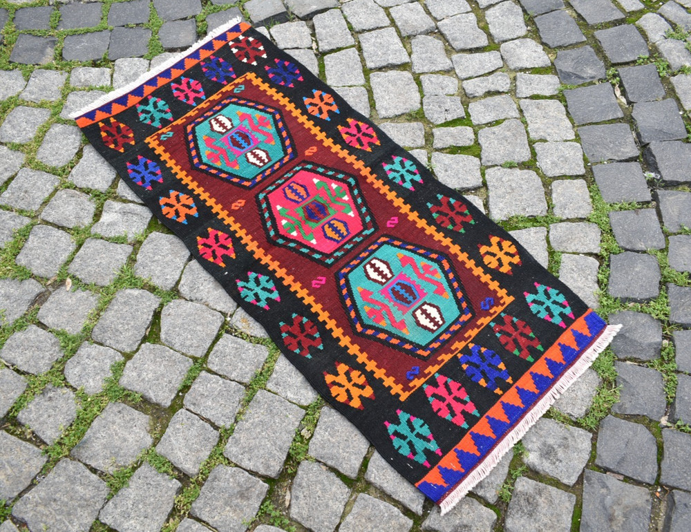 Vintage Turkish Rug 19'' x 43'' Anatolian Sivas Kilim Small Door Mat Wool Rug