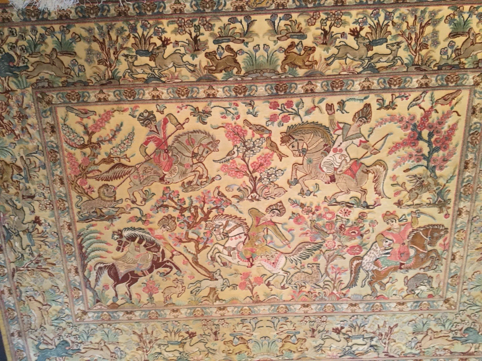 Very Fine Pure Silk Horizontal Hunting Scene Souf Carpet Signed “Sharifi” gallery