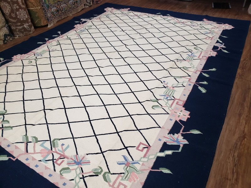 Vintage Indian Dhurrie Area Rug Wool Handmade Ivory Black Kilim Carpet 8.8 x 11 gallery