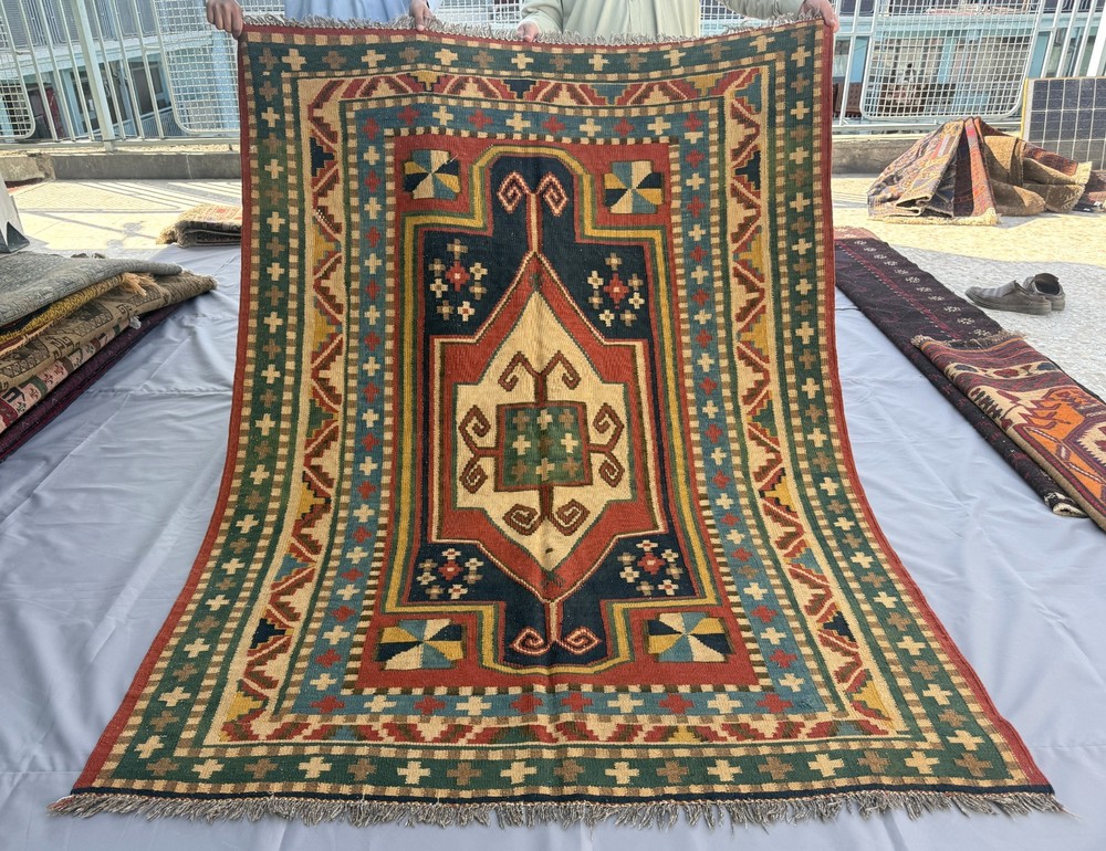 Vintage Caucasian Qafqaz Kilim Rug 5x7 ft Hand Woven Persian Style Tribal Carpet