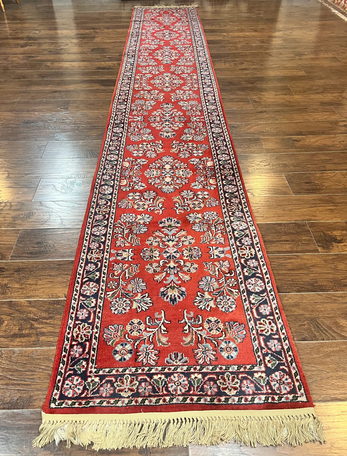 Runner Rug 2.7 x 16 Vintage Sarouk Hallway Carpet Wool Handmade Red Black Floral gallery