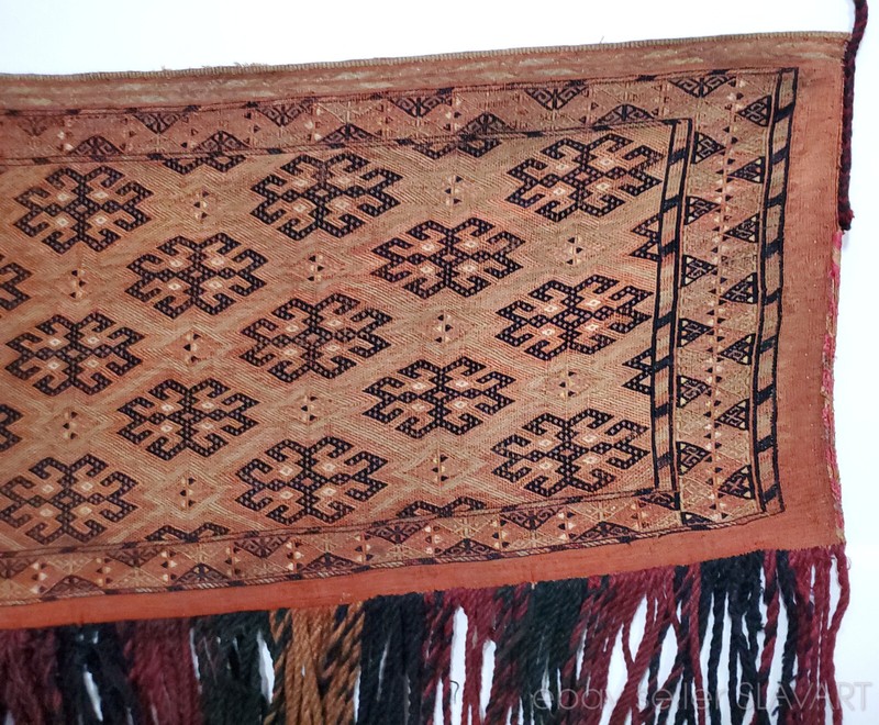 Antique Yomud torba flatweave soumak Turkmen Uzbek tent bag face Tekke silk wool gallery