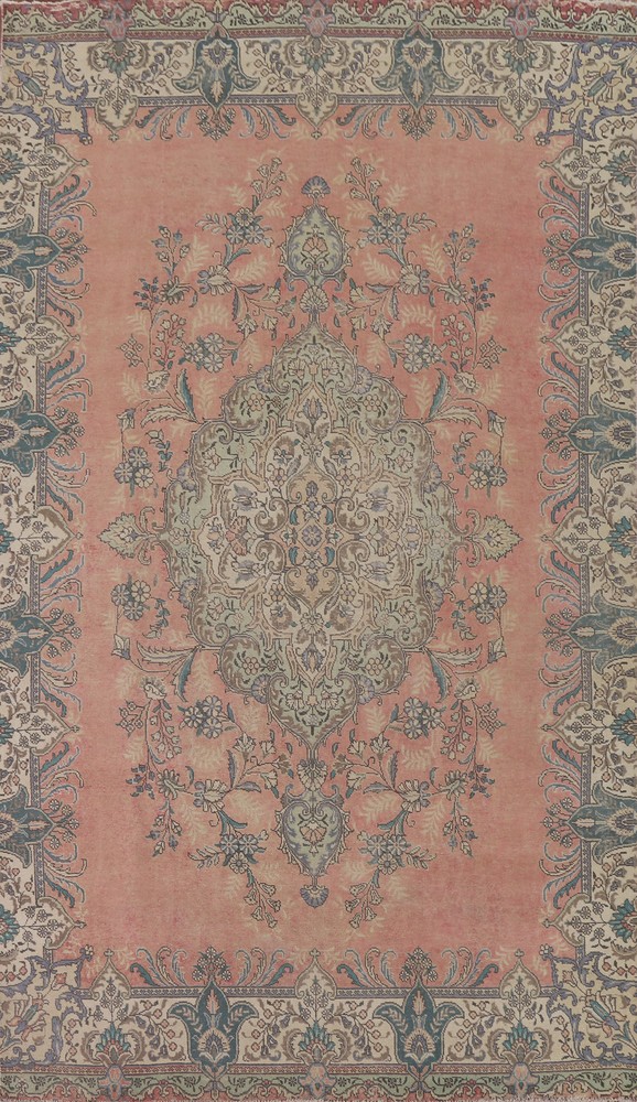 Distressed Traditional Vintage Pink/ Ivory Rug 7x12 Handmade Wool Carpet