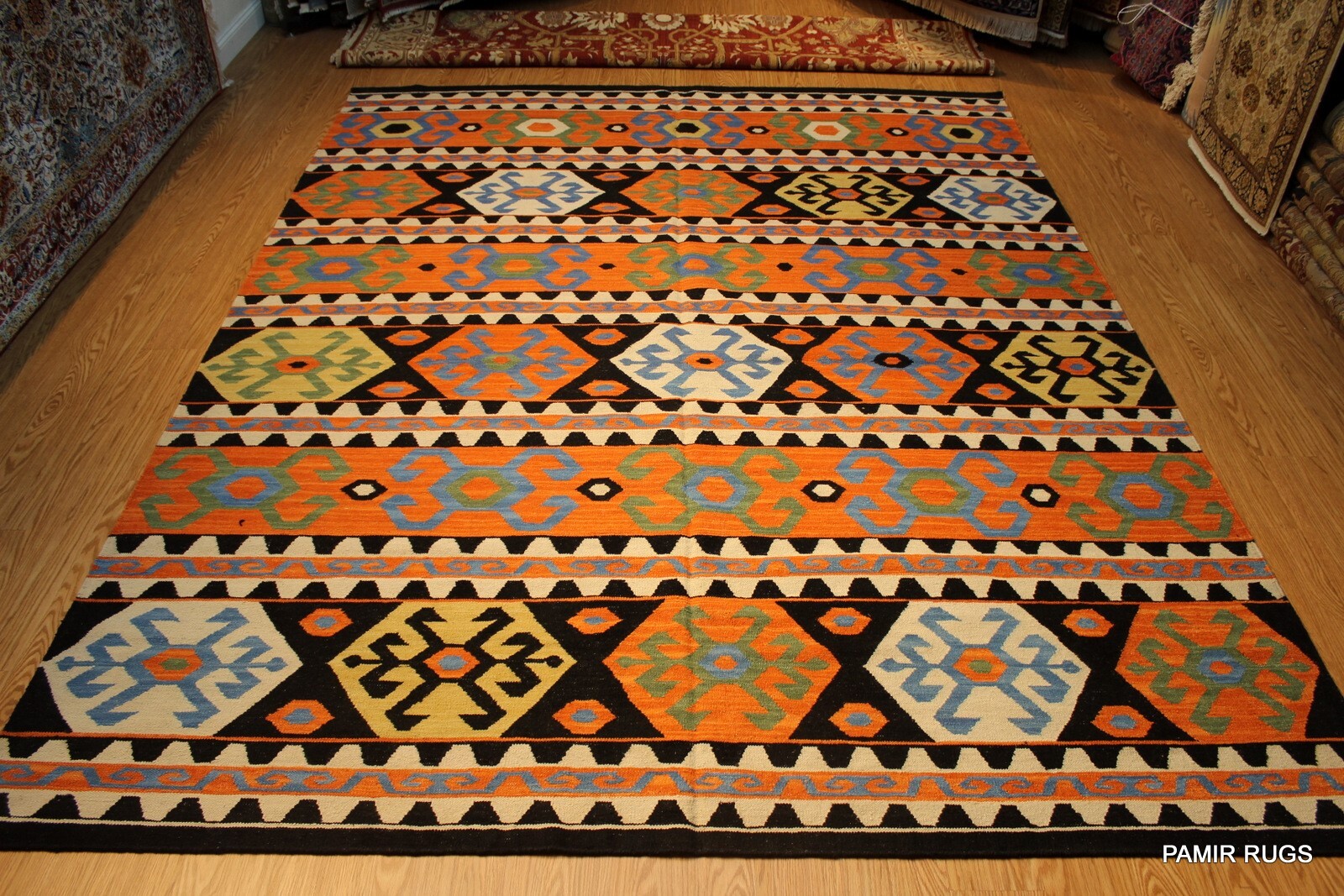 _HAND_MADE_KILIM_9' x 12' Southwestern style SHIRVAN CAUCASIAN Black ORANGE RUG gallery