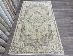 4×7 Vintage Beige Turkish Area Rug, Hand-Knotted Neutral Wool Carpet, 3.9×6.8 f