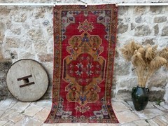 Handmade Vintage Area Rug 4×8 Red Cotton Distressed Carpet Medium Size Anatolian