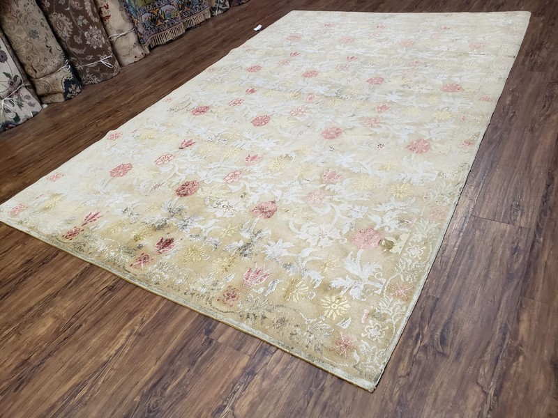 Modern Tibetan Rug 6x9 Wool and Silk Handmade Flowers Contemporary Soft Tan Nice gallery
