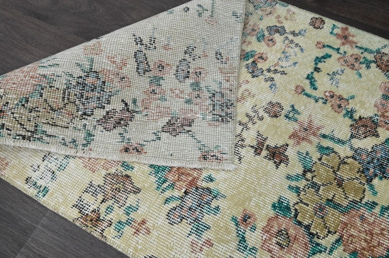 Vintage Turkish Runner Rug 2x7ft YELLOW Handmade Anatolian Oushak Hallway Wool gallery