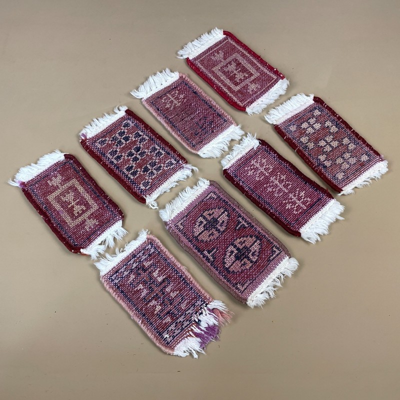 Vintage Miniature Oriental Rugs x8 Handwoven Wool Tabletop Decor Red Mats Set gallery