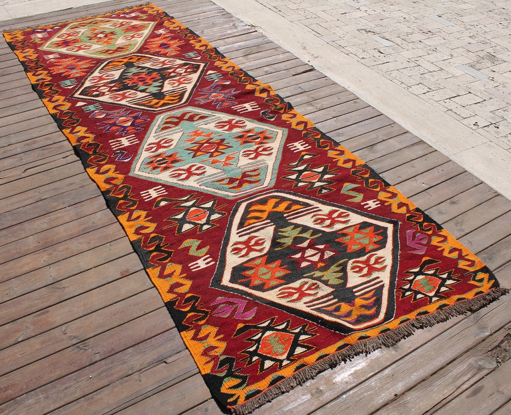 Turkish Kilim Rug 43''x115" Handwoven Adana Primitive Kilim 110x294cm Vintage