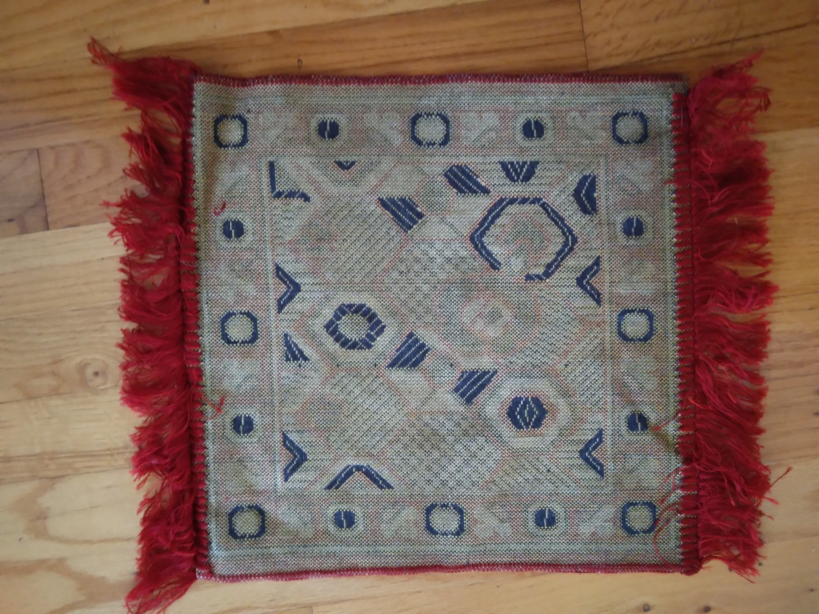 Turkish Rug, great shape, red with other colors, 14 x 13.5 in., woven, vintage gallery