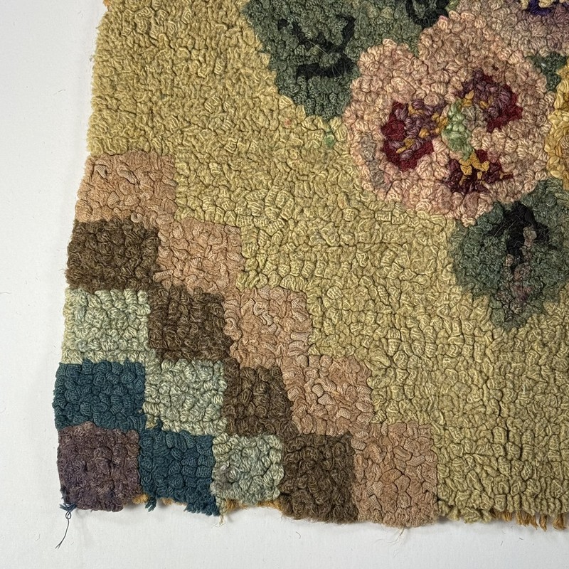 Antique Small Hand Hooked Rug Mat Pansies Floral 13.5" x 14" gallery