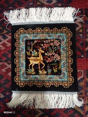 Sherazi Silk Machine Made Rug 1x1ft Persian Deer Pictorial Black Nature Mat