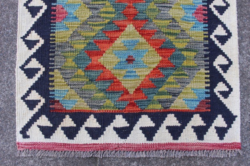 Kilim Vintage Traditional Hand Made Oriental Green Wool Small Kilim 92x65cm gallery