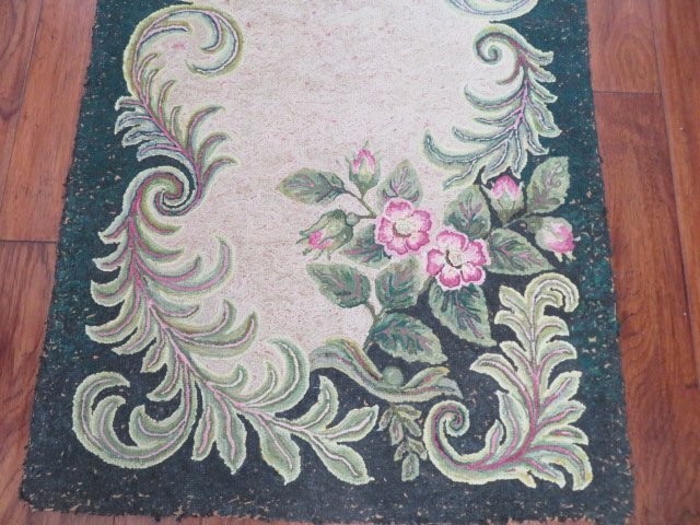 Old Antique FLORAL HOOKED WOOL RUG Aubusson Style Design Pink Flowers 67 x 36 gallery