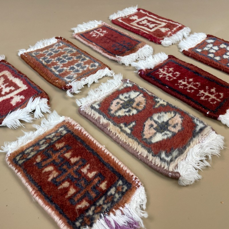 Vintage Miniature Oriental Rugs x8 Handwoven Wool Tabletop Decor Red Mats Set gallery