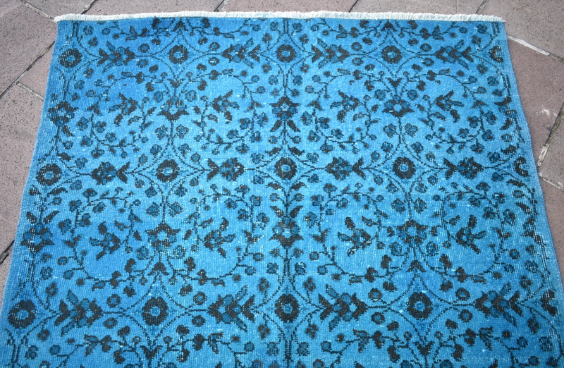 Vintage Turkish Rug 48'' x 81'' Hand-knotted Over Dyed Blue Rug Painted Wool Rug gallery