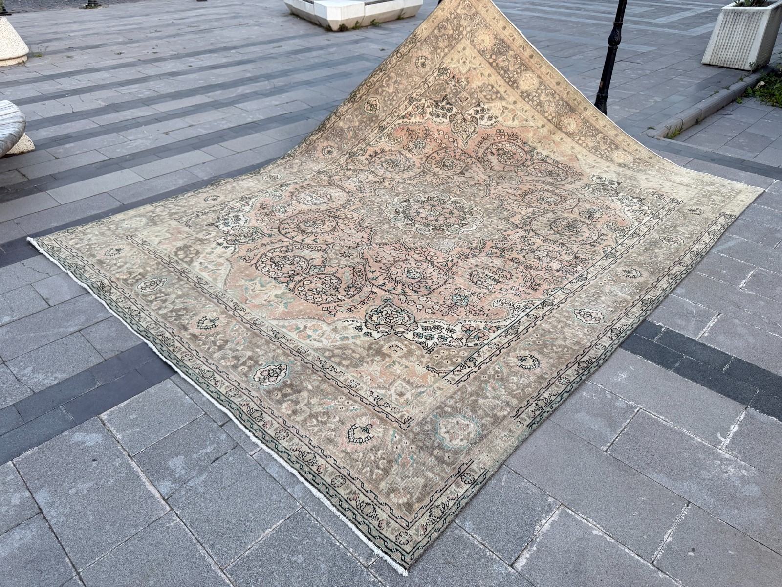 Vintage Turkish Rug 9.8x12.8 ft Beige Blush Pink Wool Handmade Distressed Rug gallery