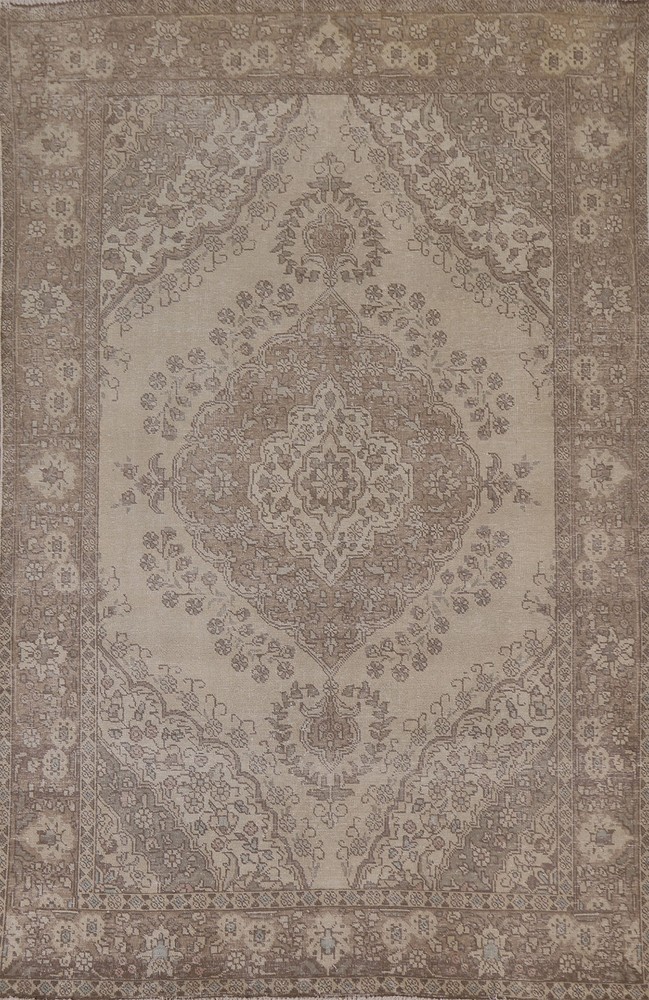 Distressed Wool Area Rug 6x9 Ft Hand-Knotted Beige Carpet Oriental Floral Rug