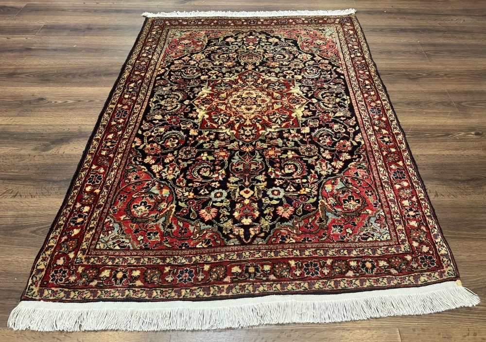 Antique Per'sian Sarouk Rug 4x5 Dark Blue Red Floral Medallion Fine