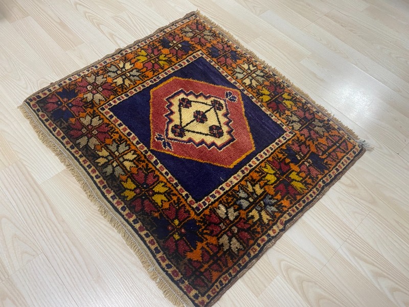 Vintage Handwoven Turkish Square Rug 1.9 x 2.3 ft Wool Floral Anatolian Carpet gallery