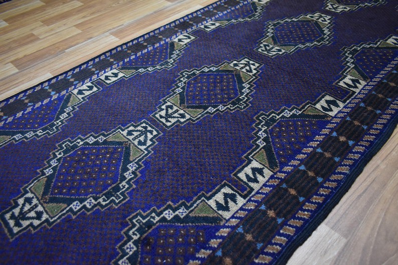 3x10 Vintage Brown Blue Tribal Handmade Afghan Geometric Baluchi Runner Rug, gallery