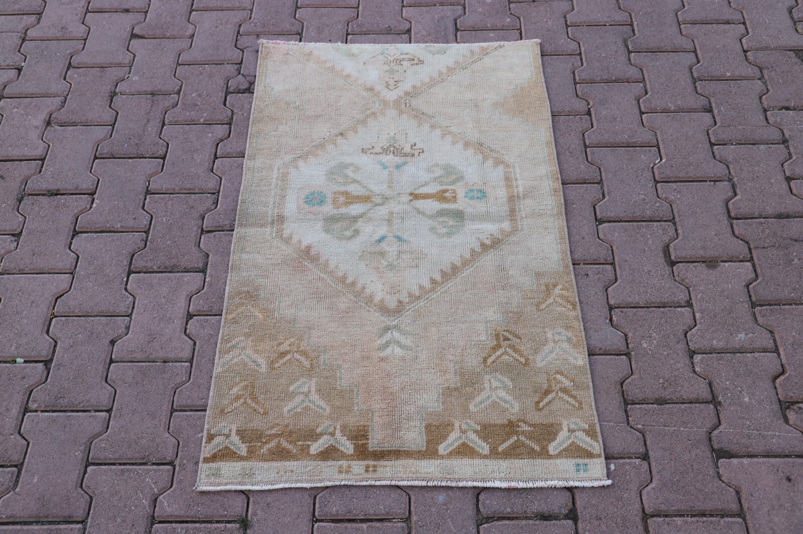 Vintage Small Carpet Anatolian Handwoven Authentic Oriental Beige Rug 2x4 ft gallery