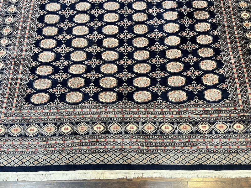Pakistani Bokhara Rug 8x10 Turkoman Carpet Dark Blue Beige Vintage Handmade Wool gallery