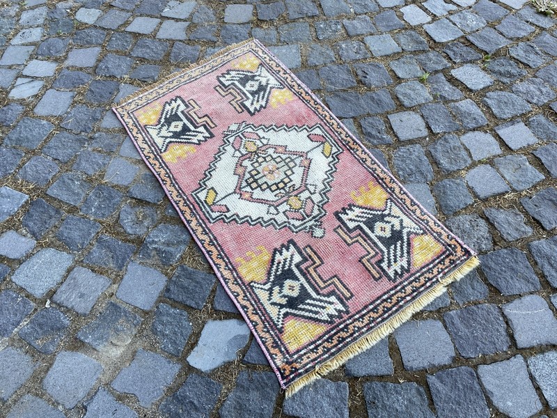 Vintage Oushak Rug, Hand-Knotted Wool, Rose Pink Ivory Muted Boho Accent Rug gallery