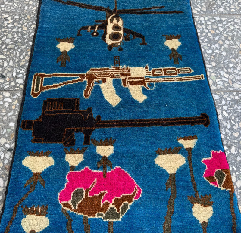 2x3 Afghan Hand Knotted War Rug Helicopter Rifle Blue Wool Carpet New gallery