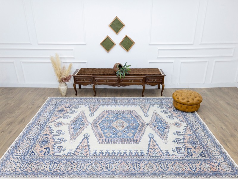 Coastal Boho Rug 8.1x10.10 ft – Blue Peach – Soft Mediterranean Statement Carpet gallery