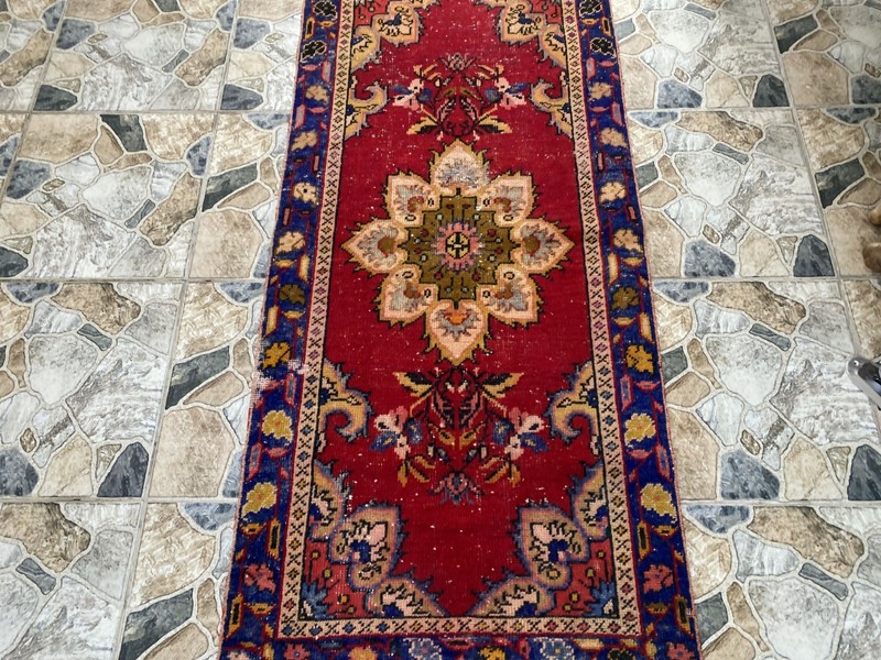 1970s Vintage Turkish Runner Rug 3x6 ft Red Hand-Knotted Wool Hallway Boho gallery