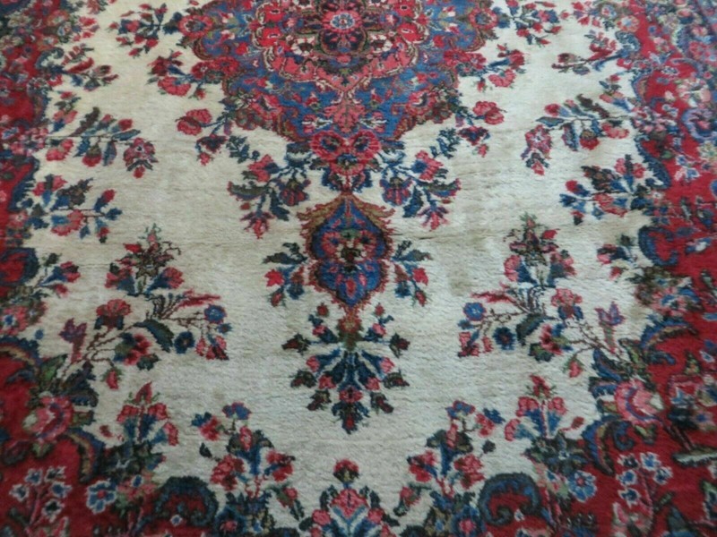 Antique 9x12 Oriental Rug Semi Open Field Medallion Ivory Red Blue Handmade Wool gallery