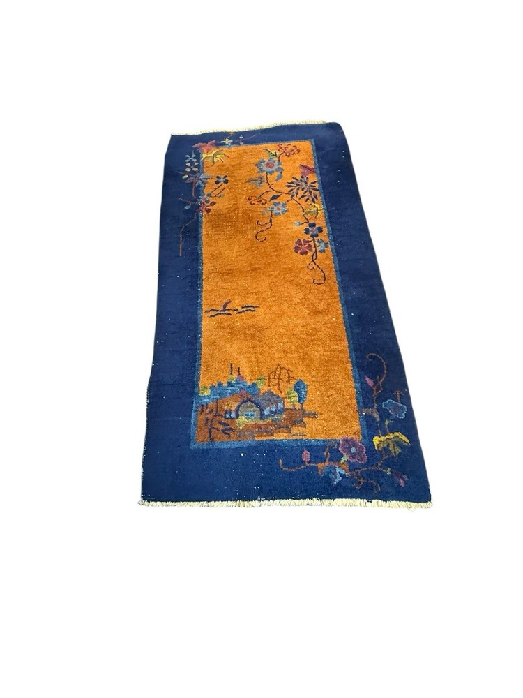 Antique Chinese Art Deco Rug 1920s Hand-Knotted Wool 58”×29.5” Floral Open-Field
