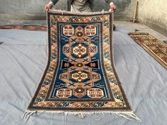 Vintage Caucasian Kazak Rug Soft Tribal Wool Area Rug Geometric Medallion Rug